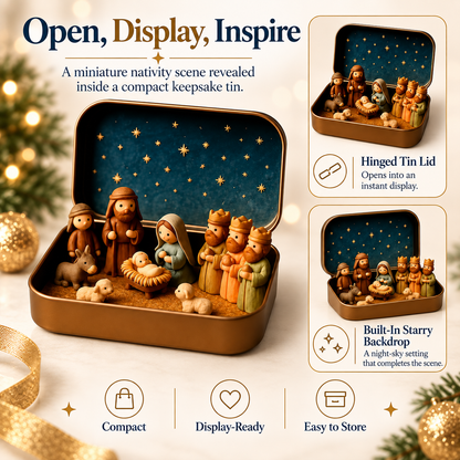 Pocket-Size Mini Nativity Scene Set with Storage Tin – Christmas Tabletop Decor & Faith-Inspired Gift