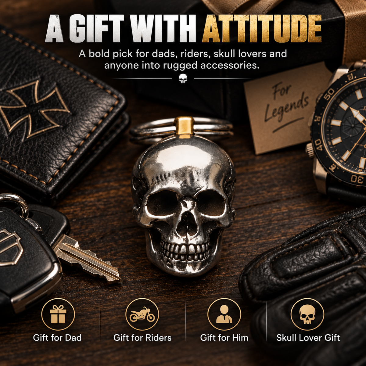 3D Stainless Steel Skull Keychain – Gothic Biker EDC Key Ring