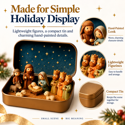 Pocket-Size Mini Nativity Scene Set with Storage Tin – Christmas Tabletop Decor & Faith-Inspired Gift