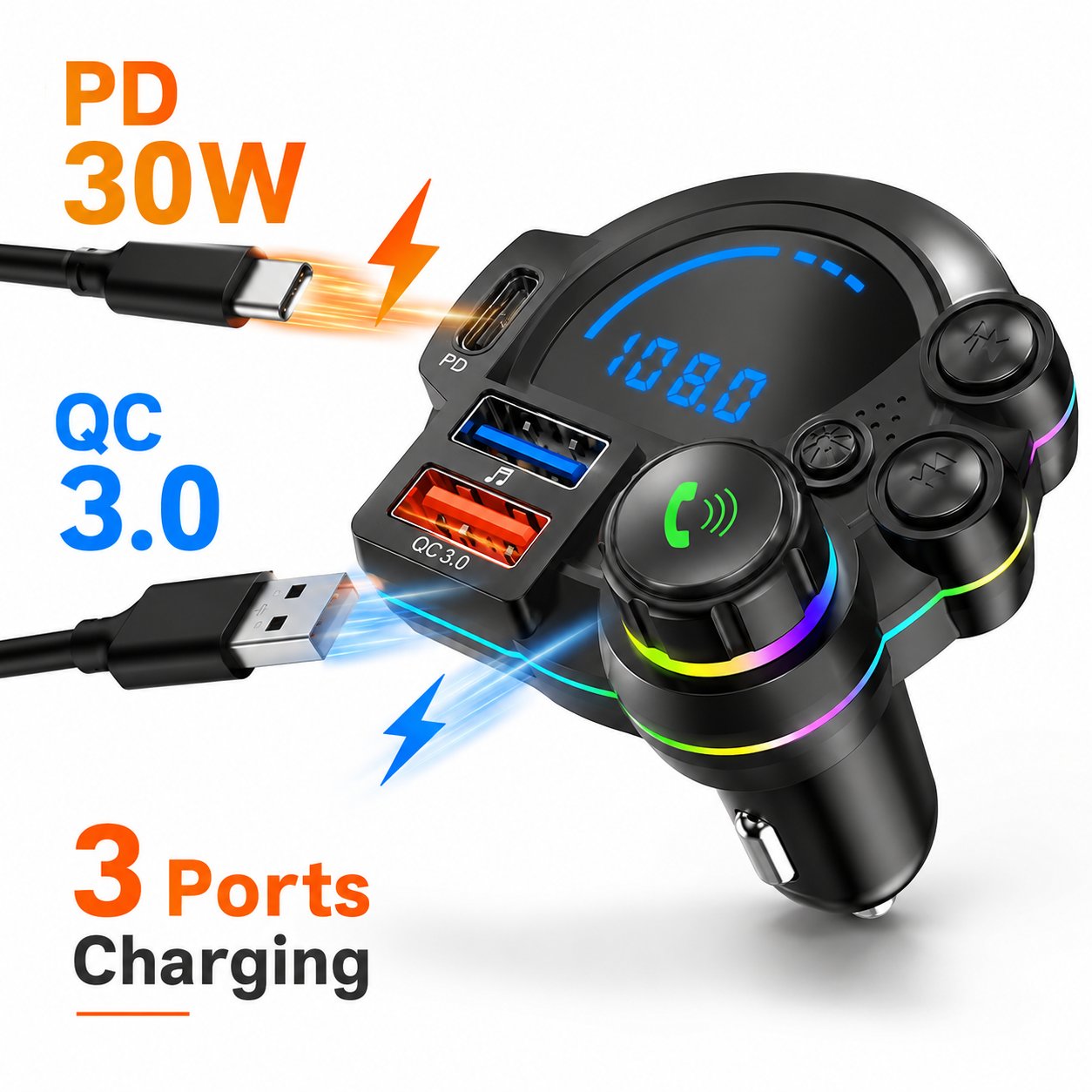 🚗 Bluetooth 5.3 Car FM Transmitter | PD30W+QC3.0 3-Port Fast Charger, RGB Ambient Light for All Vehicles!🎵