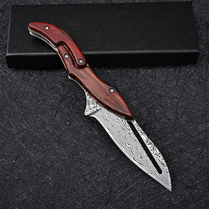🔥Limited Time Discount 💥Artisan Wood Series: Unique Swing-Lock Folding Knife with Damascus-Style Blade🔪