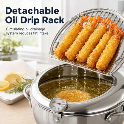 304 Grade Stainless Steel Deep Fryer Pot - Japanese Style, with Thermometer, Oil Drip Drainer Rack, Temp Control, Induction Safe for Gas Stoves, French Fries, Chicken Wings