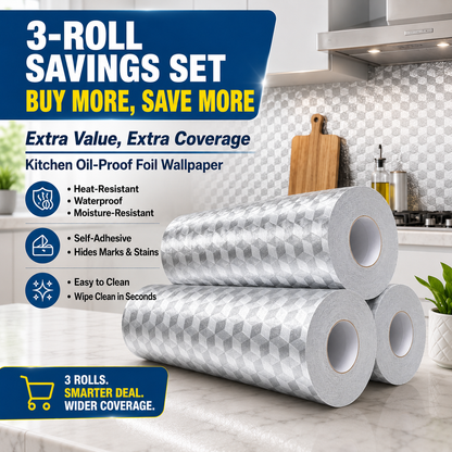 🔥50% OFF – Stainless Steel Oil-Proof Adhesive Wallpaper Roll for Kitchen Countertops, Cabinets & Backsplash