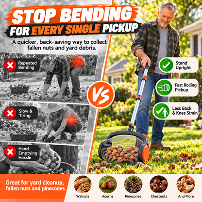 🌰✨Telescopic Nut Picker with Foot Release – Rolling Collector for Walnuts, Acorns & Pinecones, Yard Cleaning Tool