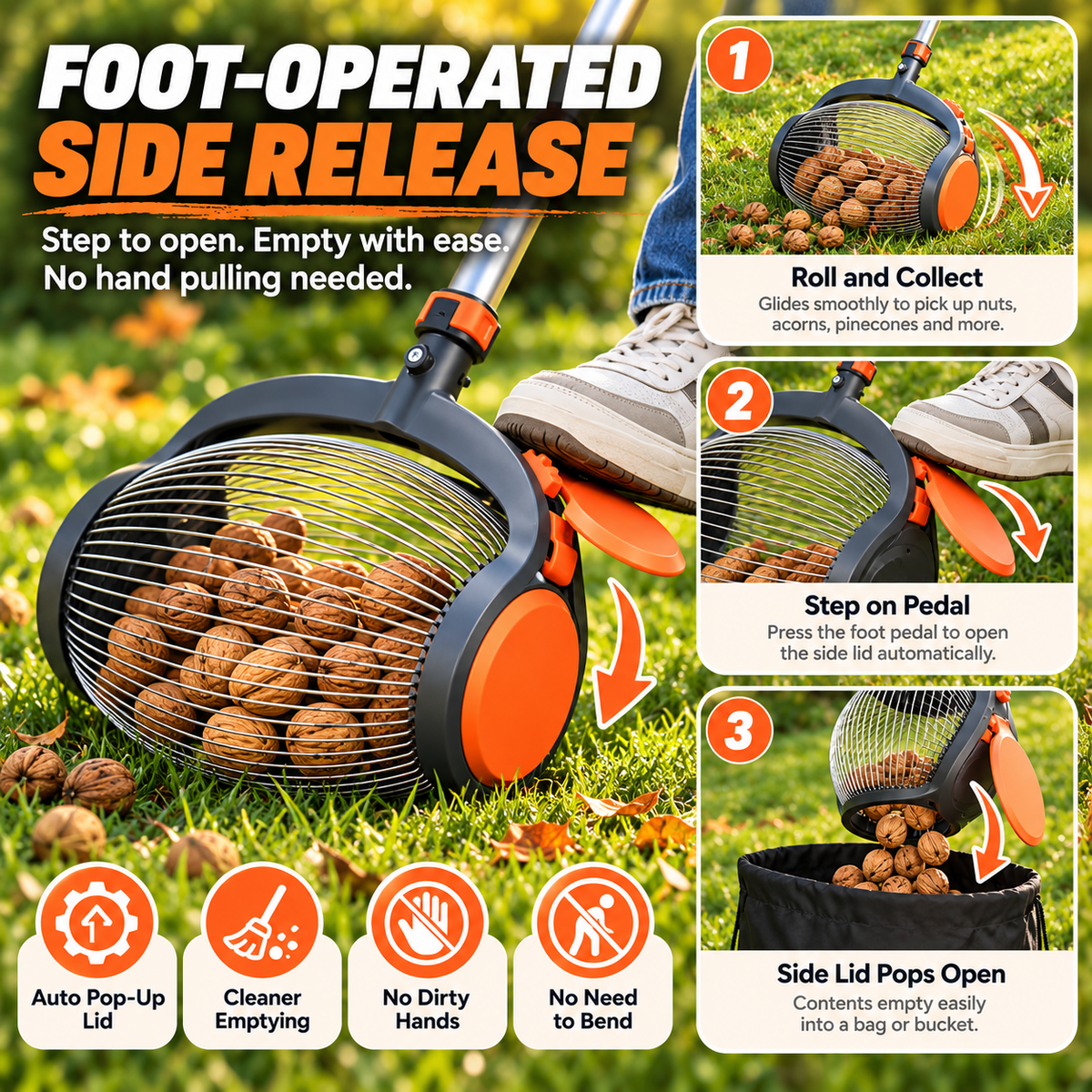 🌰✨Telescopic Nut Picker with Foot Release – Rolling Collector for Walnuts, Acorns & Pinecones, Yard Cleaning Tool