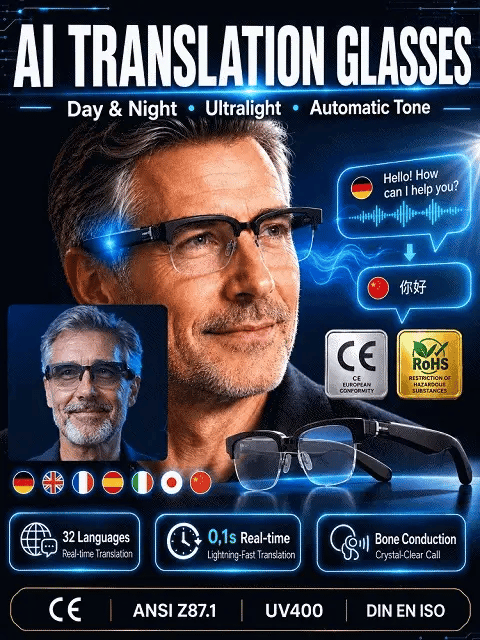 🚀 AI-Powered Smart Translation Bluetooth Glasses with 4K POV Camera 🌐