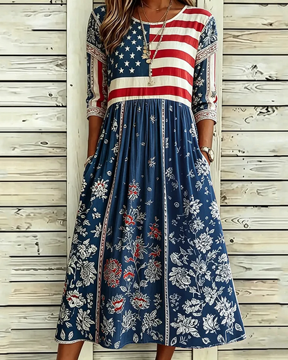 Women's Flag Floral Print Pocket Casual Dress