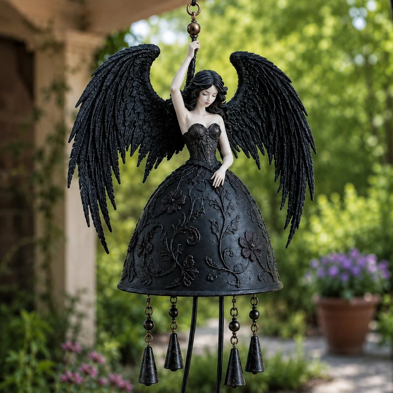 🖤 Dark Angel Gothic Wind Chime | Dramatic Black-Wing Garden Accent with Gentle Chimes for Porches, Patios, Balconies & Year-Round Gothic Décor 🪽