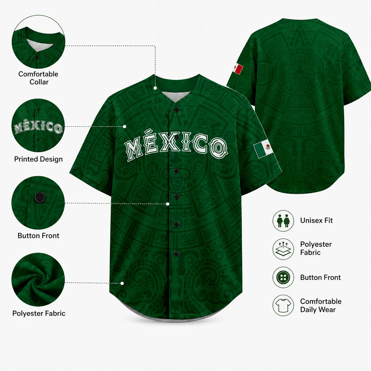 Mexico-Inspired Unisex Baseball Jersey with Aztec Pattern