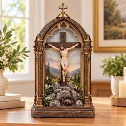 ✝️ Illuminated Calvary Devotional Shrine | Warm Christian Prayer Décor