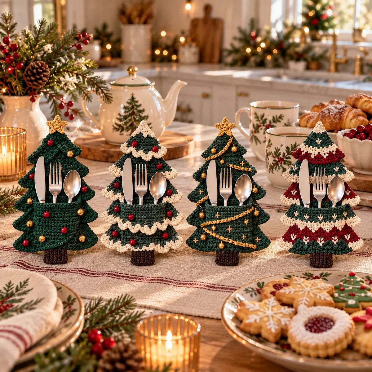 Crochet Christmas Tree Cutlery Holder Pattern Set - 4 Designs