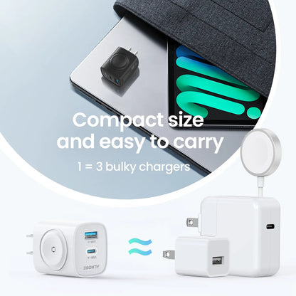 3-in-1 Magnetic Wireless Cordless PD USB-C Wall Charger Block - 20W Fast Charging, Compatible with iWatch Ultra/9/8/7/6, iPhone 17/17 Pro/16/16 Pro/15 Series, Electronic Cellphone, Apple Watch Seires