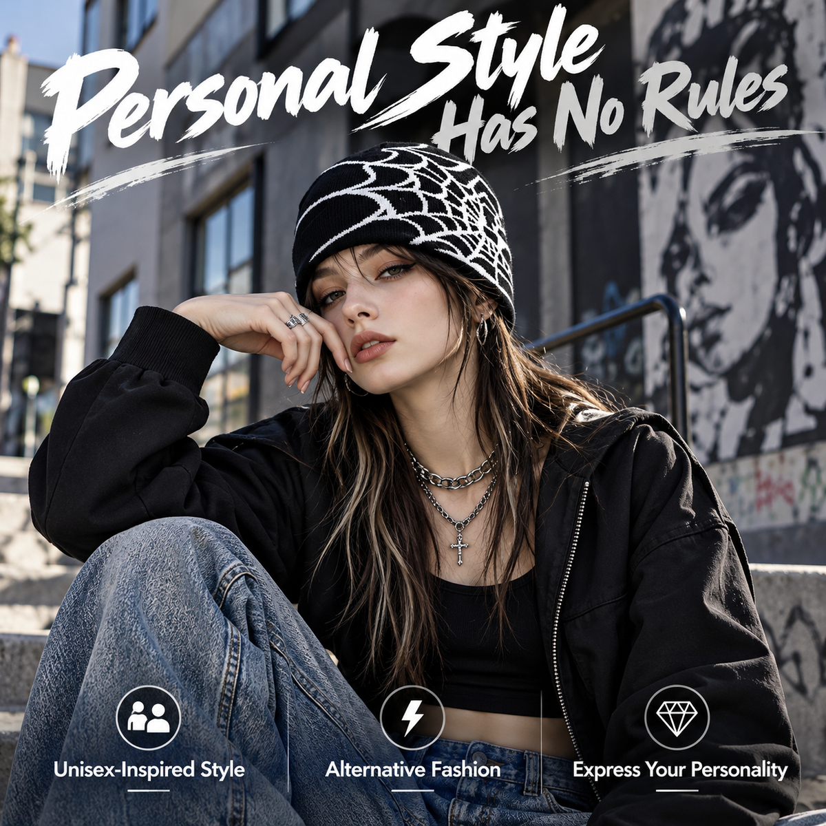 🕸️ SpiderWeb Gothic Knit Beanie – Y2K Streetwear Hat with Bold Spider Web Design
