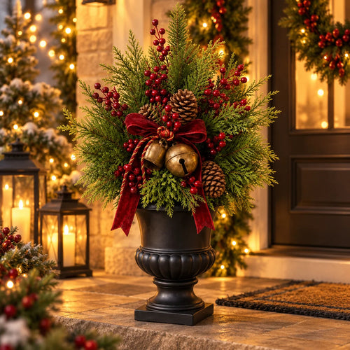 🔥 LAST DAY 50% OFF 🔥🎄 24' Pre-Lit Christmas Evergreen Urn Filler™ – Festive Holiday Arrangement with Berries, Pinecones & Vintage Bells ✨🔔