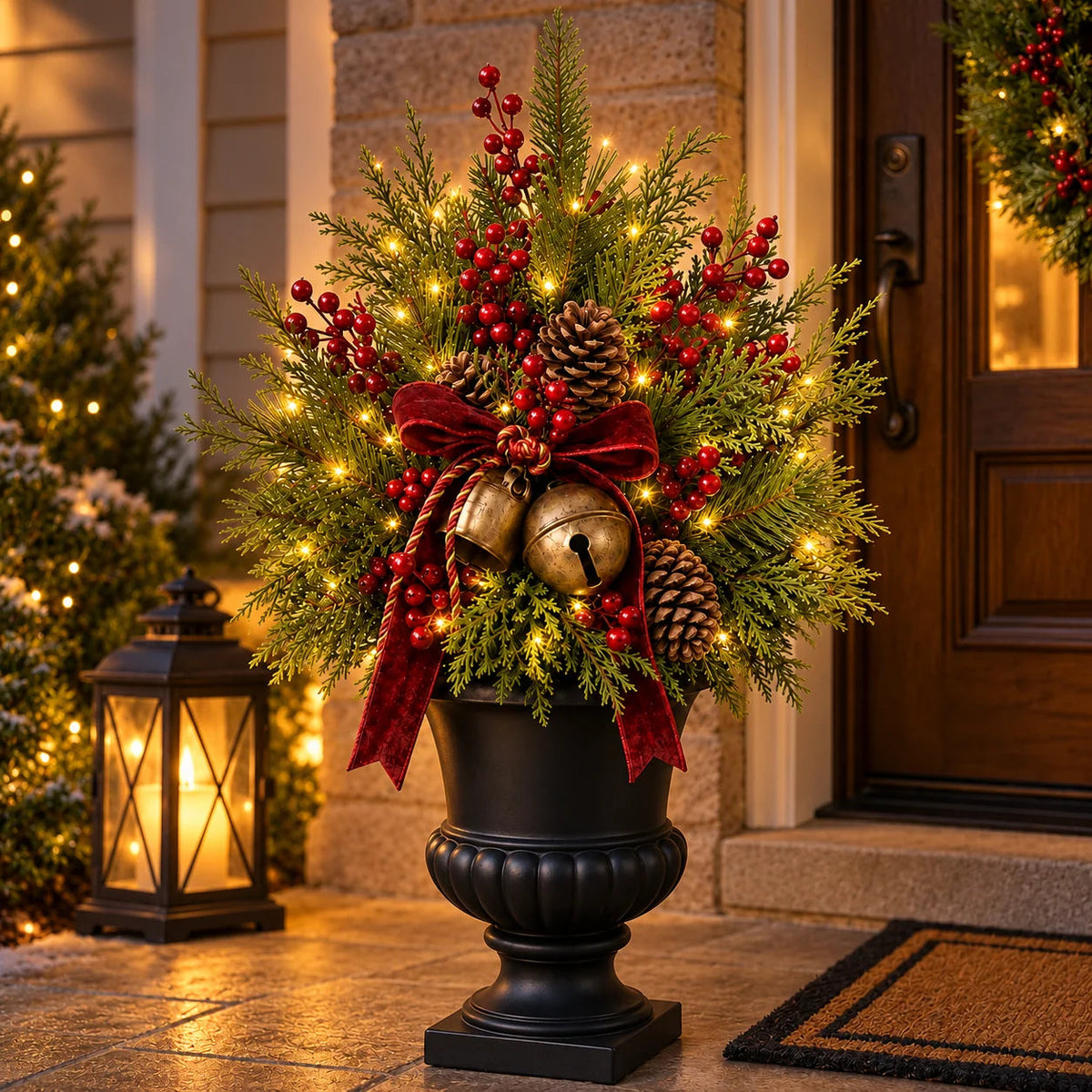 🔥 LAST DAY 50% OFF 🔥🎄 24' Pre-Lit Christmas Evergreen Urn Filler™ – Festive Holiday Arrangement with Berries, Pinecones & Vintage Bells ✨🔔