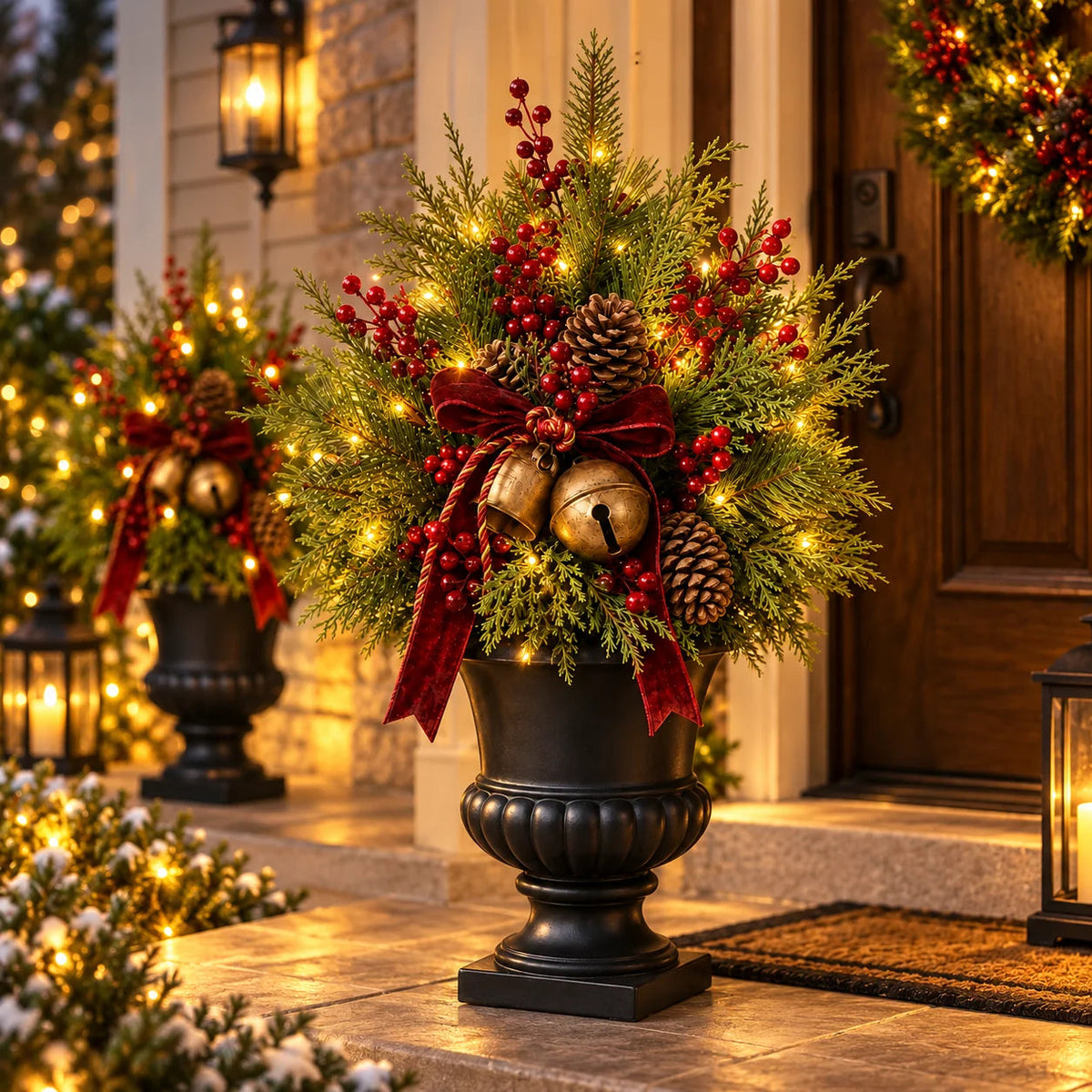🔥 LAST DAY 50% OFF 🔥🎄 24' Pre-Lit Christmas Evergreen Urn Filler™ – Festive Holiday Arrangement with Berries, Pinecones & Vintage Bells ✨🔔