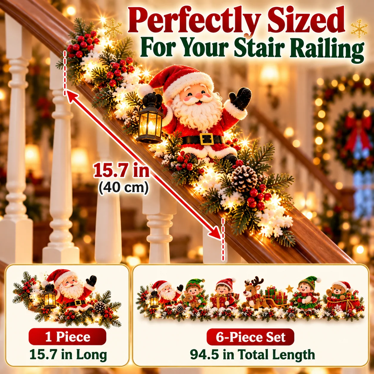 🎅 Santa’s Staircase Workshop – Lighted 6-Piece Christmas Stair Railing Decor 🎄
