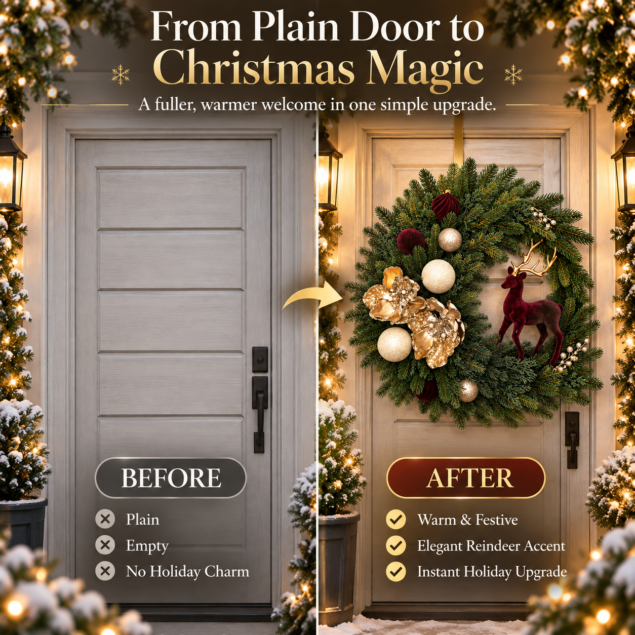 🎄 Luxury Burgundy Reindeer Christmas Wreath – Elegant Champagne Gold Front Door Holiday Decor 🦌✨