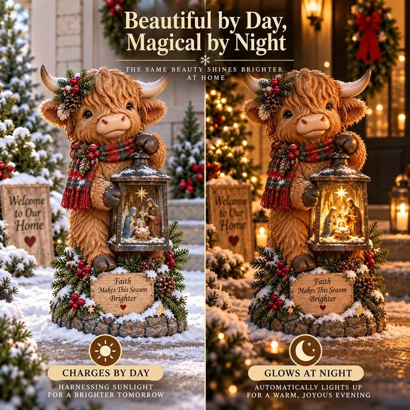 🐮✨ Highland Cow Nativity Lantern™ – Solar Lighted Christmas Porch & Garden Decor ✝️🎄