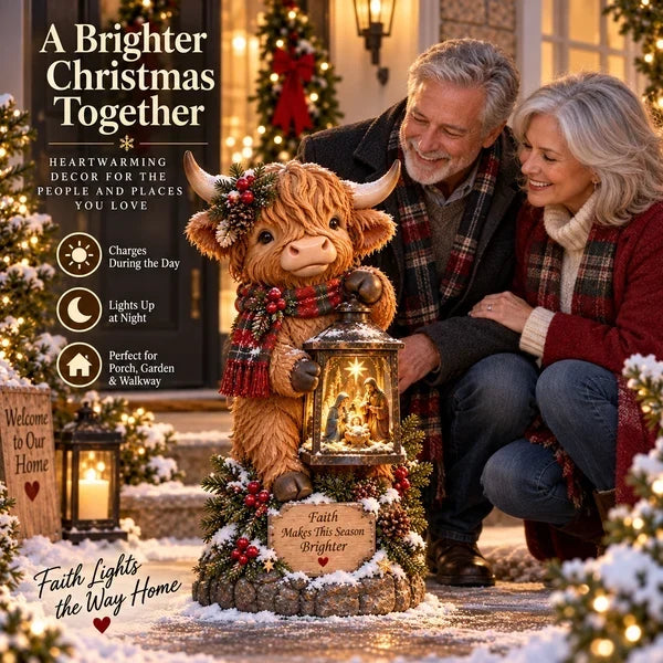 🐮✨ Highland Cow Nativity Lantern™ – Solar Lighted Christmas Porch & Garden Decor ✝️🎄