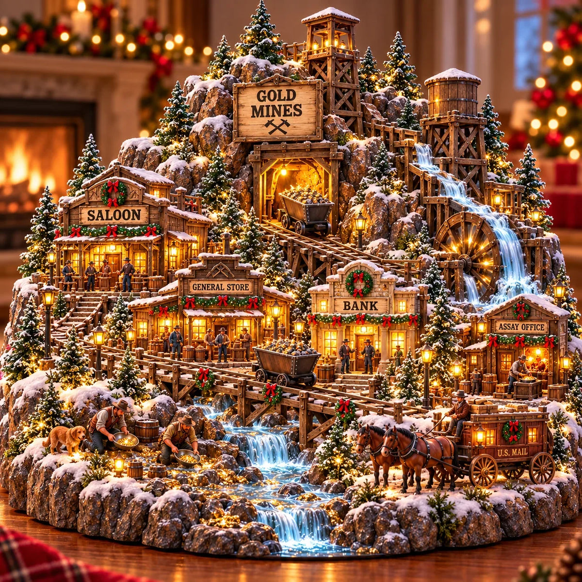 ⛏️✨ Gold Rush Christmas Mining Town™ – Lighted Old West Village with Moving Mine Cart & Gold Creek