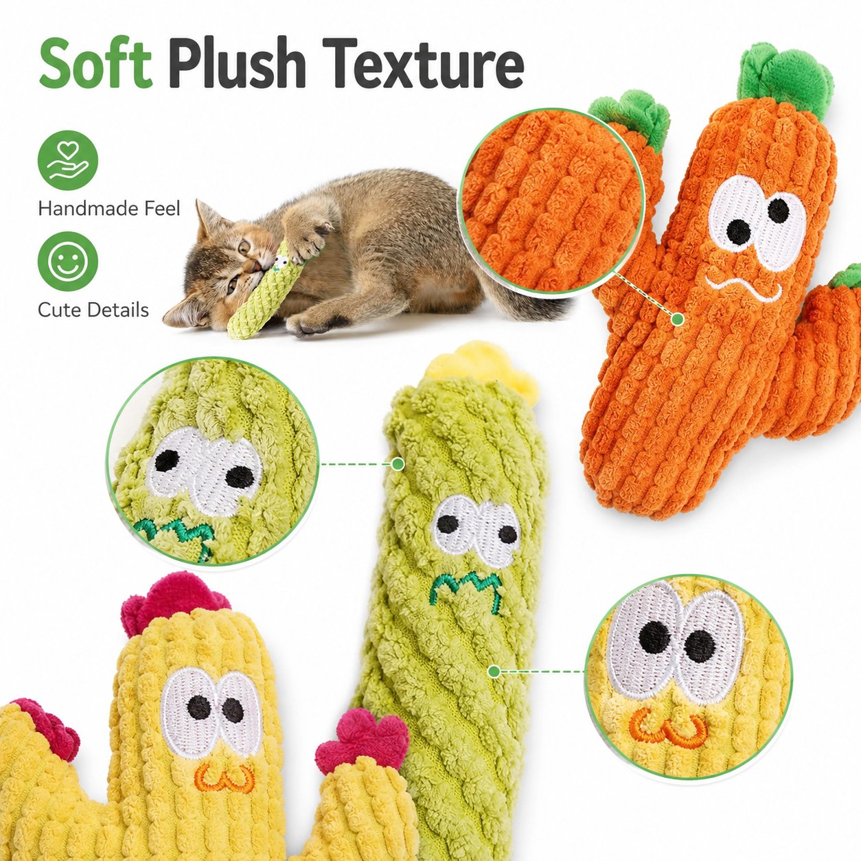 🌵 5 Pack Organic Catnip Cactus Cat Toys | Soft Plush Chew Toys for Indoor Kittens & Adult Cats! 🐱