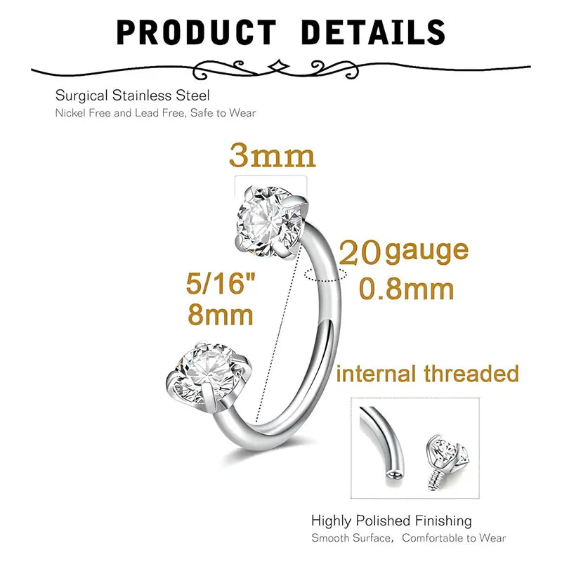 316L medical-grade titanium steel 18G 1.0mm Horseshoe Nose Hoop Internally Threaded Gems Nose Ring