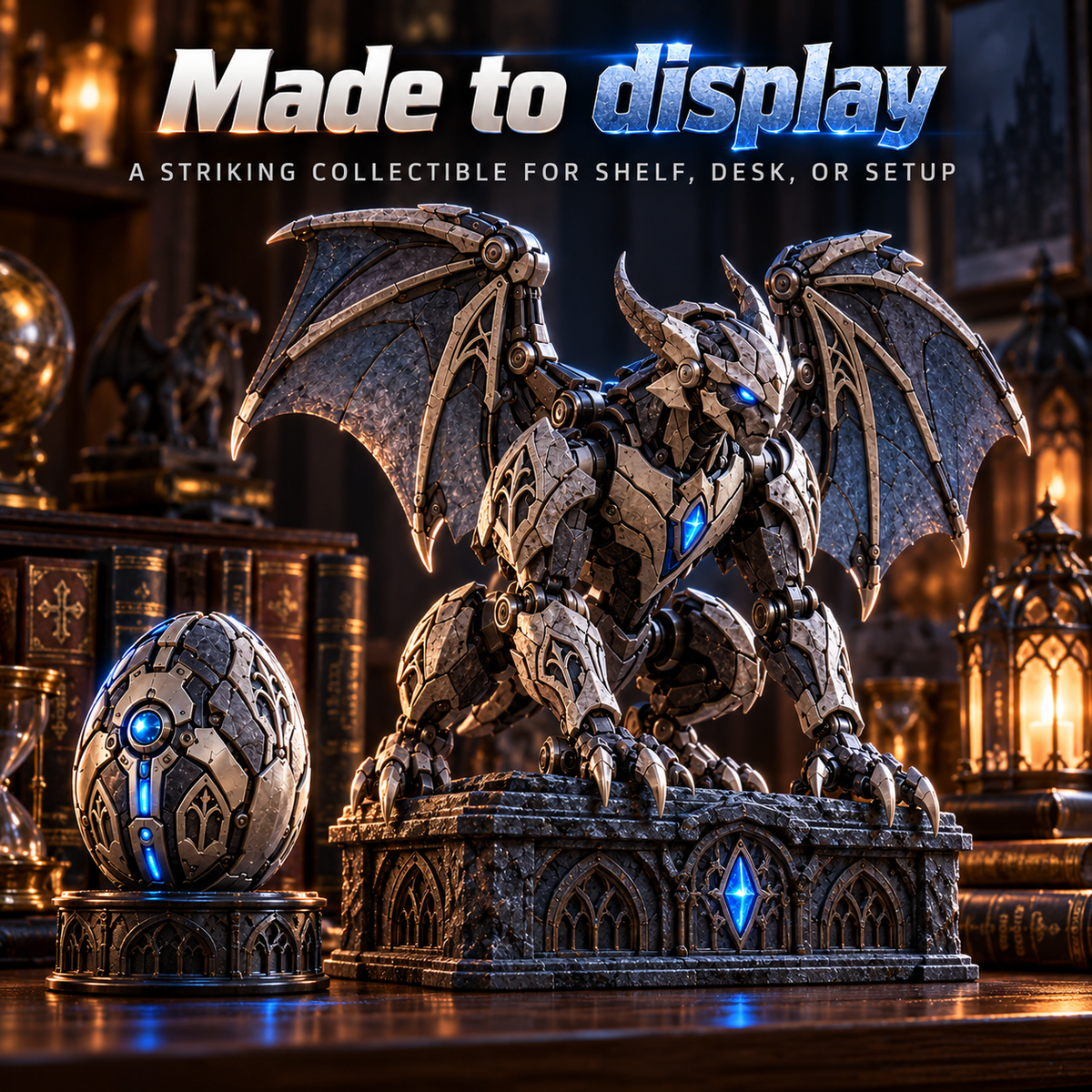 2 forms · 1 gothic guardian From Mechanical Egg to Gothic Gargoyle Start with a compact stone-metal egg, explore the transformation, then reveal a horned mechanical gargoyle with gothic wings, articulated claws and an icy blue core built for dramatic disp