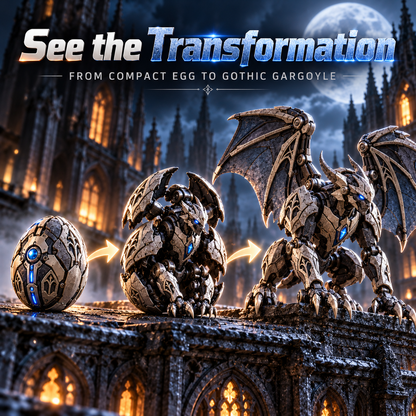 2 forms · 1 gothic guardian From Mechanical Egg to Gothic Gargoyle Start with a compact stone-metal egg, explore the transformation, then reveal a horned mechanical gargoyle with gothic wings, articulated claws and an icy blue core built for dramatic disp