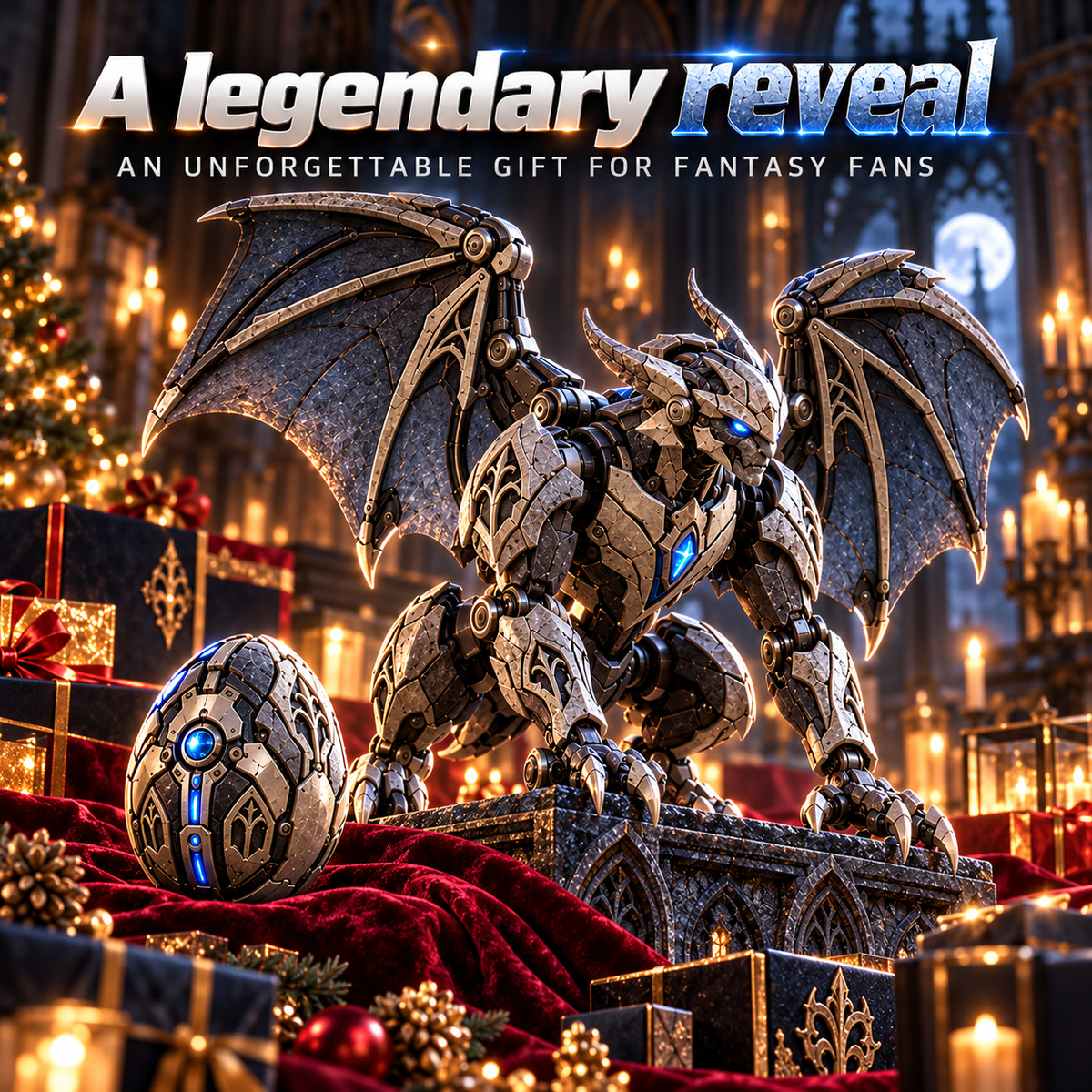 2 forms · 1 gothic guardian From Mechanical Egg to Gothic Gargoyle Start with a compact stone-metal egg, explore the transformation, then reveal a horned mechanical gargoyle with gothic wings, articulated claws and an icy blue core built for dramatic disp