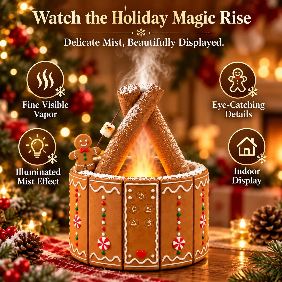 🎄 Christmas Campfire Aroma Diffuser – Cozy Flame-style Glow, Festive Mist & Adorable Santa/gingerbread Designs