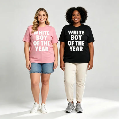 Men's "White Boy Of The Year" Oversized Round Neck Short Sleeve 100% Cotton Funny Graphic Viral Meme T-Shirt - Casual Trending Clothes Menswear (S-XXXXXL) for Pairing with Cargo Pants Crewneck