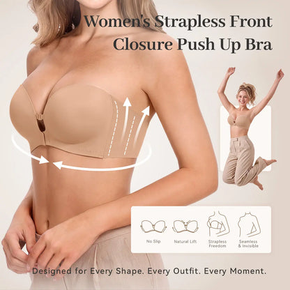 Womens Strapless Front Closure Bra Push Up Lift Bra Padded Add Cup Non Slip  Anti-Slip Grip & Removable Straps Fit Outfits Wireless Supportive  Seamless Comfortable