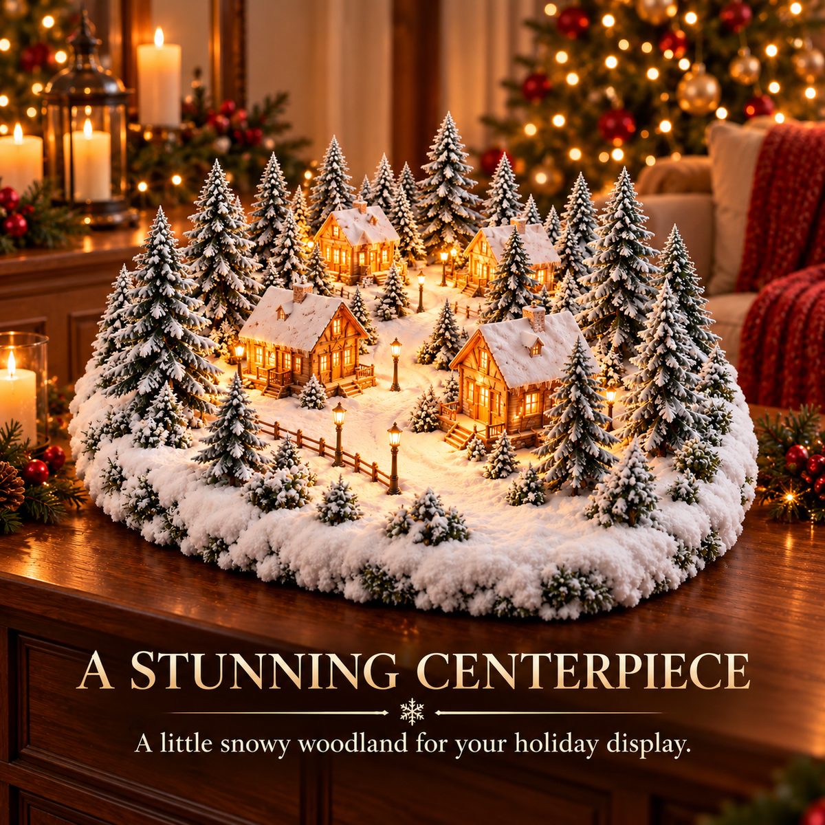 Snowy Hearth Village™ — Lighted Cabin & Evergreen Christmas Centerpiece