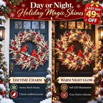 🔥 LAST DAY 49% OFF 🔥 Snowy Birch Cardinal Wreath™ – Lighted Christmas Door Wreath with Paired Red Cardinals, Berries & Pinecones ❤️🎄✨