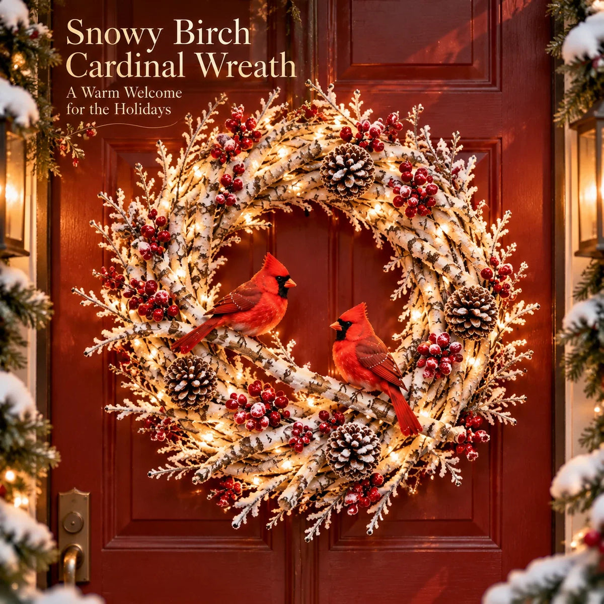 🔥 LAST DAY 49% OFF 🔥 Snowy Birch Cardinal Wreath™ – Lighted Christmas Door Wreath with Paired Red Cardinals, Berries & Pinecones ❤️🎄✨