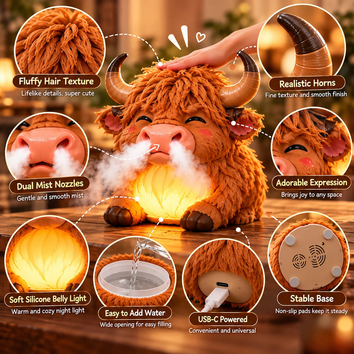 Highland Cow Huff™ – Tap-to-Puff Humidifier & Colorful Night Light