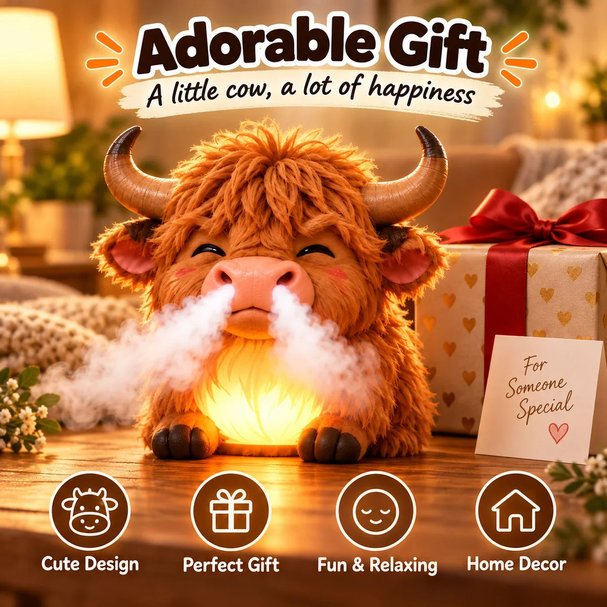 🐮 Highland Cow Huff™ – Tap-to-Puff Humidifier & Colorful Night Light ✨🎁