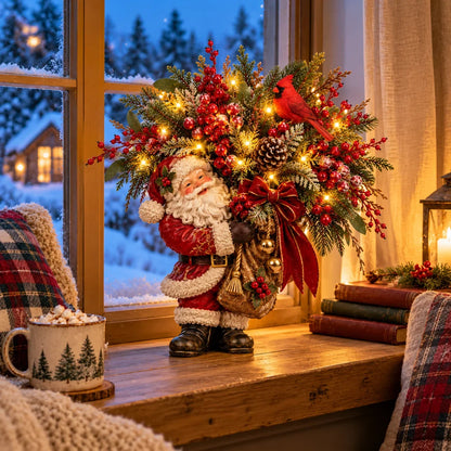 Lighted Santa & Cardinal Christmas Arrangement With Remote & Timer