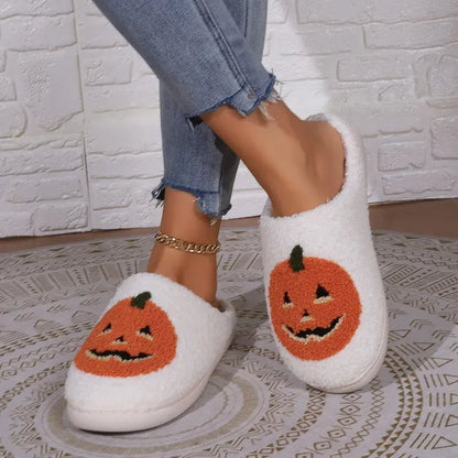Women Men Comfy Faux Fur Lined Skull Pumpkin Plush Slippers