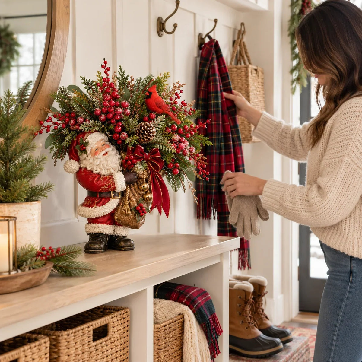Lighted Santa & Cardinal Christmas Arrangement With Remote & Timer