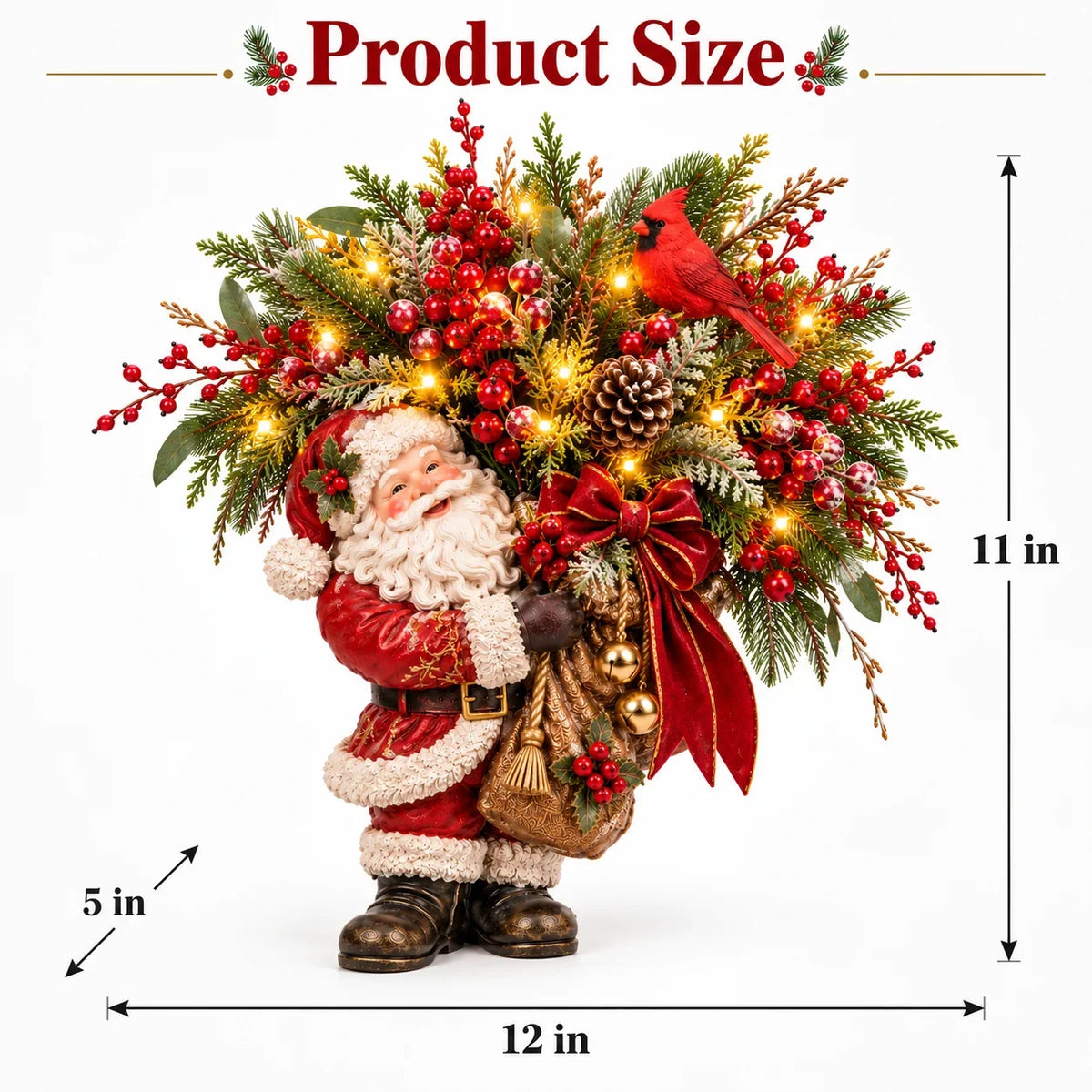 Lighted Santa & Cardinal Christmas Arrangement With Remote & Timer