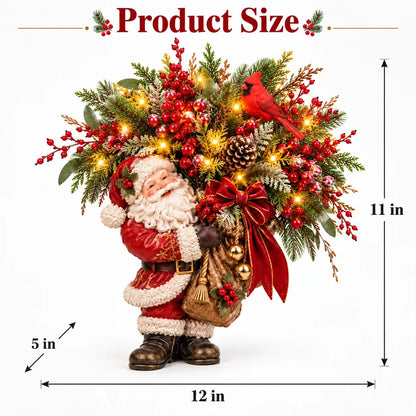 Lighted Santa & Cardinal Christmas Arrangement With Remote & Timer