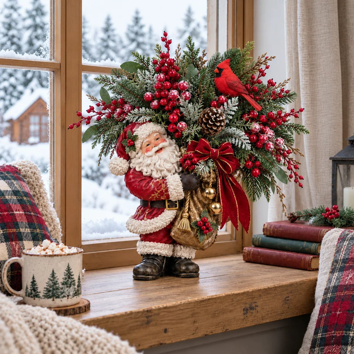 Lighted Santa & Cardinal Christmas Arrangement With Remote & Timer