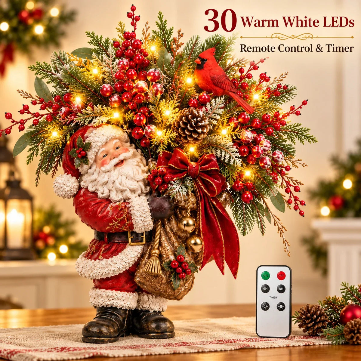 Lighted Santa & Cardinal Christmas Arrangement With Remote & Timer