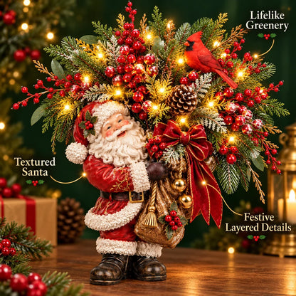 Lighted Santa & Cardinal Christmas Arrangement With Remote & Timer