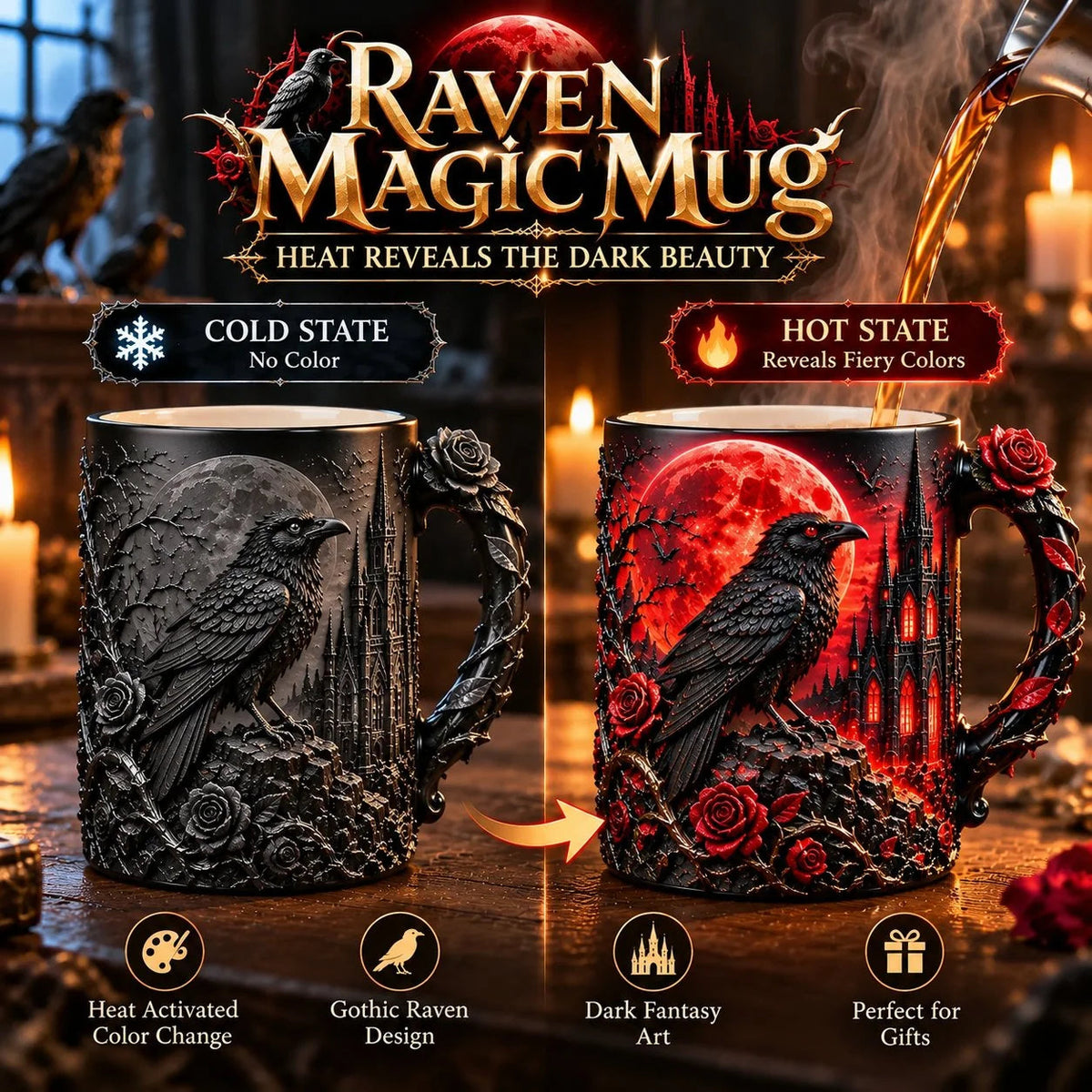 ✨🌹 Raven Magic Color-Changing Mug | Gothic Raven & Blood Moon Coffee Cup🐦‍⬛