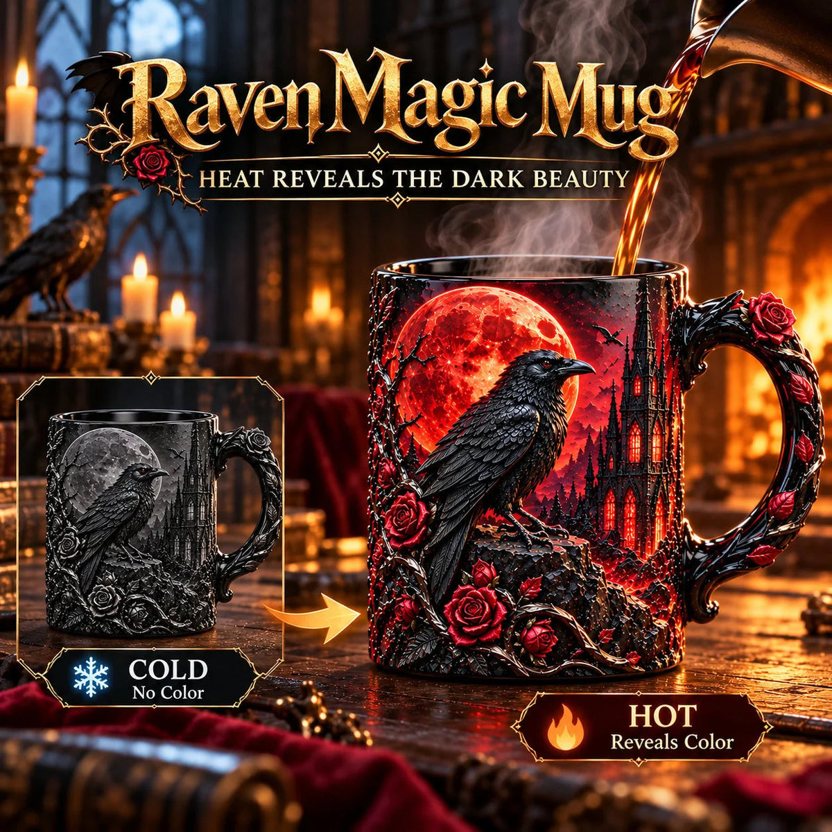 ✨🌹 Raven Magic Color-Changing Mug | Gothic Raven & Blood Moon Coffee Cup🐦‍⬛