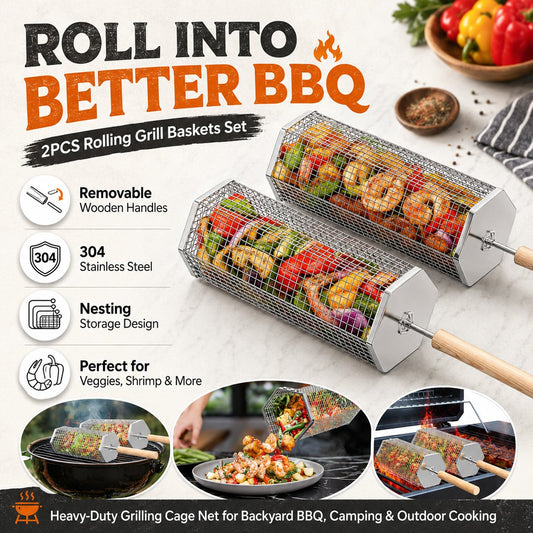 🍢 Rolling Grill Baskets (2-Pack) | No More Burnt Veggies—Grill Perfectly Every Time! 🔥