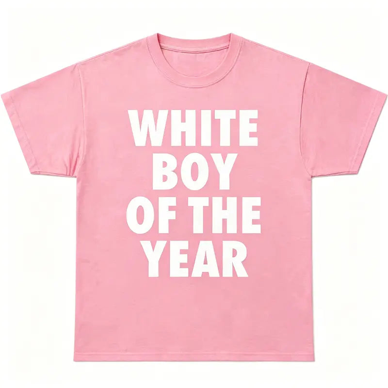 Men's "White Boy Of The Year" Oversized Round Neck Short Sleeve 100% Cotton Funny Graphic Viral Meme T-Shirt - Casual Trending Clothes Menswear (S-XXXXXL) for Pairing with Cargo Pants Crewneck